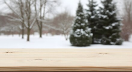 Winter Wonderland Snowy Landscape with Wooden Tabletop