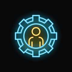 Glowing neon icon of a person inside a gear representing the concept of human resources