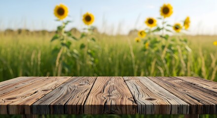 Rustic Wooden Tabletop Against a Vibrant Sunflower Field Background
