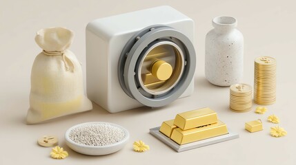 cash savings planning, isometric scene of bank vault with gold bars and savings icons in clean 3D, personal wealth visualization, 3d illustration