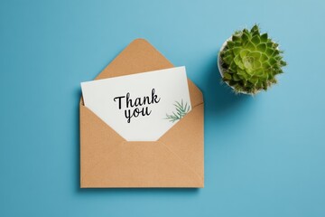 Brown Envelope with Thank You Card and Succulent Plant on Blue Background
