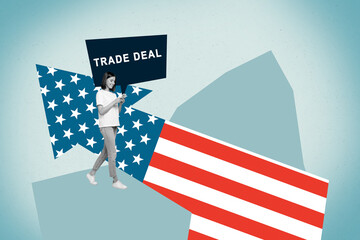 Composite sketch design artwork 3D photo collage of american flag arrow up young woman walk hold...