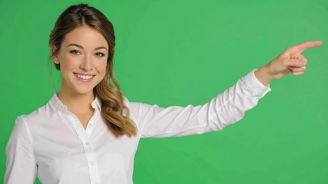 Smiling Woman in White Shirt Points Right Against Green Screen Background
