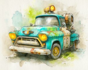 vintage retro truck as a time-traveling vehicle with glowing elements, surreal sci-fi setting in colored pencil sketch style, unique storytelling concept
