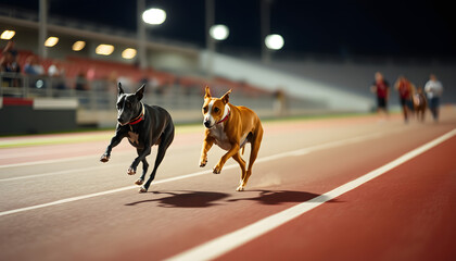 Whippet Dogs running, Racing at Track, Backlit. White tone