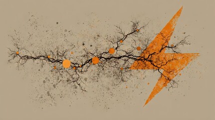 Abstract Orange Lightning Bolt with Black Branching Fractals on Beige Background, Dynamic Energy and Electricity Concept Art