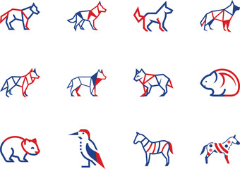 Geometric animals including dogs, bears, zebras, woodpecker showcase red and blue outlines on white