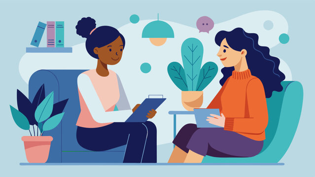 A woman attending a therapy session openly and honestly discussing her struggles in a safe and supportive environment.. Vector illustration
