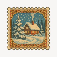 Obraz premium Vintage snowy cabin stamp