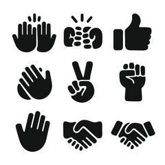 Fototapeta premium Gesture Icons Grid. Solid, filled icon set of cheers gestures: high five, fist bump, thumbs up, clapping hands, peace sign,
