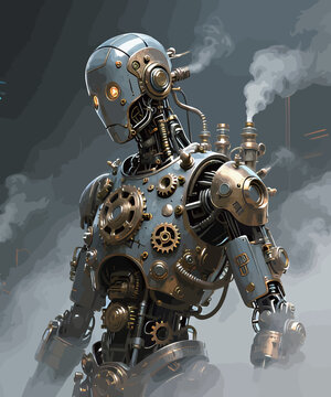 Intricate steampunk robot exuding mechanical charm against a smoky backdrop.