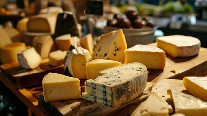 A vibrant selection of cheeses is presented at a market stall, emphasizing their unique textures and colors