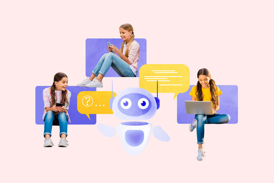 Sketch image trend artwork montage 3D photo collage of three schoolgirl chat laptop phone bot digital homework learn AI knowledge school