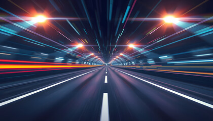 Abstract light tunnel. Night view of the road in the tunnel. Abstract lines and rays of neon light. Movement speed, reflection. Night scene with neon spotlights. White tone