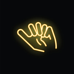 Neon yellow hand gesture with two fingers holding something virtual is glowing on a black background