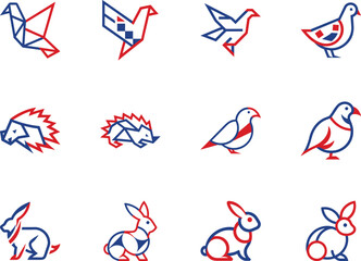 Twelve different red and blue animal logos exhibit minimalist style against a white background