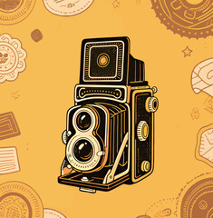 Stylish illustrated vintage 8mm camera on a vibrant yellow background.