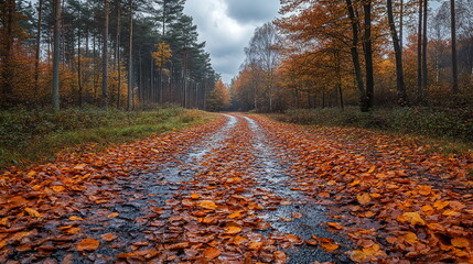 Scenic autumn pathway surrounded by colorful foliage and serene atmosphere