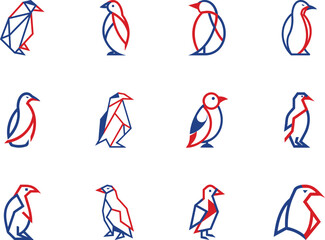 Twelve varied red and blue penguin line icons stand against a clean white backdrop