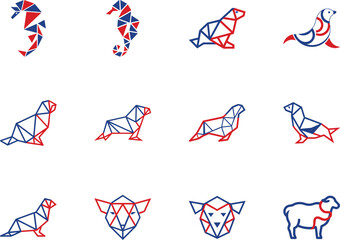 Twelve geometric red and blue animals pose uniquely on a white transparent background