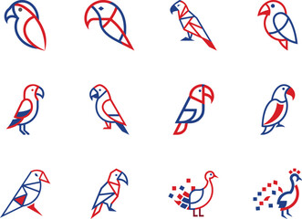 Twelve minimalist parrot icons are presented in red and blue line art on a white background ©  Design_ mn