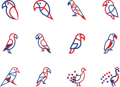 Twelve minimalist parrot icons are presented in red and blue line art on a white background