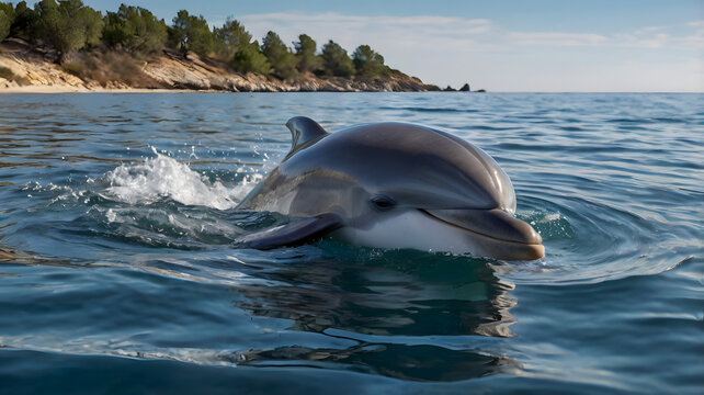 Ai A curious dolphin swims close to the shore