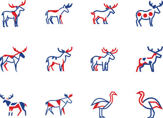 Various creative reindeer and flamingo emblems with blue and red lines on white background