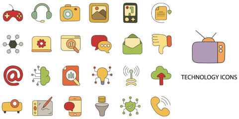 Information Technology simple concept 24 hand drawn color icons set. Contains such technology, security, management, hardware .Vector illustration.