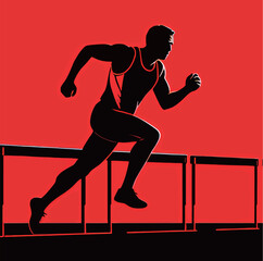 Male athlete jumping over hurdles in a dynamic pose against a vibrant red background.