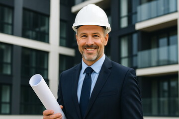 Smiling construction manager in professional attire holds plans outside modern building site during clear day