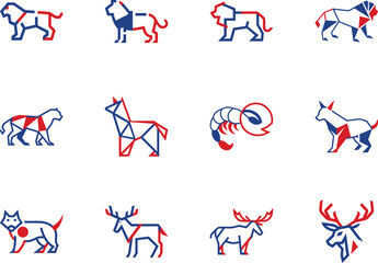 Red and blue geometric animal collection features minimalist lions, deer, dog, horse and shrimp