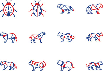 Blue and red linear animal icon set displays ladybugs and jaguars distinctly