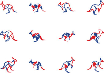 Many abstract kangaroo symbols in red and blue hues are displayed across a transparent backdrop
