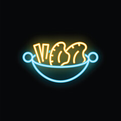 Glowing neon line deep fryer with french fries and chicken icon isolated on black background. Vector illustration