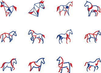 Various horses styled with red and blue colors are arranged on the white background