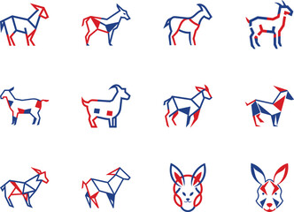 Geometric goats in red and blue outlines stand against a pristine white, transparent background