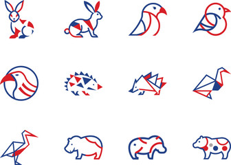 Stylized red and blue line animals stand against a stark white background, creating minimalist artwork