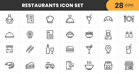  Restaurant icon set. Containing menu, food, drink, wine, cooking, eating, coffee, salad, breakfast, dinner, pizza, cocktail, vegetarian meal and more. Editable line icons. Vector illustration.
