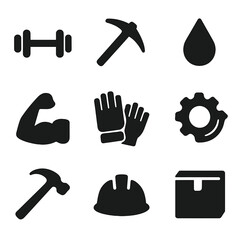 Hard Work Icons. Solid, filled icon set of hard work and effort: dumbbell, pickaxe, sweat drop, strong arm, work gloves, gear in