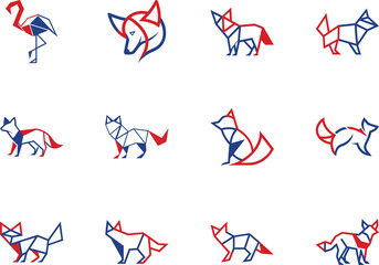 Twelve red and blue geometric stylized animal logos display prominently on a transparent background