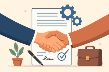 Business partnership concept with a handshake over a signed contract. Agreement and cooperation between partners. Successful deal, corporate collaboration, and transaction metaphor.