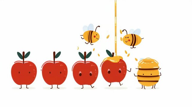 Cute bees with apples and honey in hand-drawn repeating pattern for Jewish holiday decor, kids' crafts, wrapping paper, kitchen textiles, and eco-themed seasonal illustrations. 4K, motion