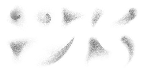 Abstract fluid halftone grid shapes with liquid stipple effects and black splatter-style shadows. Isolated on a transparent background. Vector design elements.