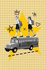 Banner 3d image pop vertical collage of two happy schoolgirls walk school bus classmate autumn...