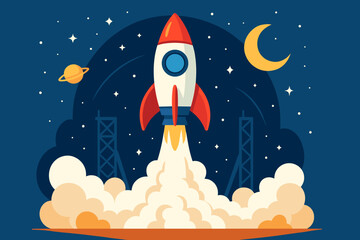 Rocket launch into space cartoon vector illustration. Business startup metaphor concept. Spaceship taking off to the moon in the starry night sky. New project, innovation, and growth.