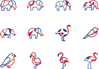 Twelve assorted animal logos feature simple red and blue line work on transparent backdrop