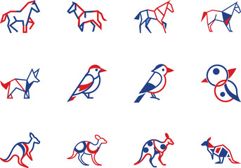 The horses, fox, birds, and kangaroos are presented in red and blue lines
