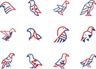 Several geometric birds in red and blue are seen in a pattern over white