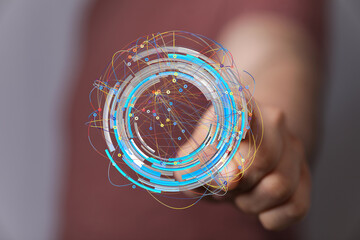 Abstract image of a person interacting with a digital network.  Perfect for tech, innovation, and...